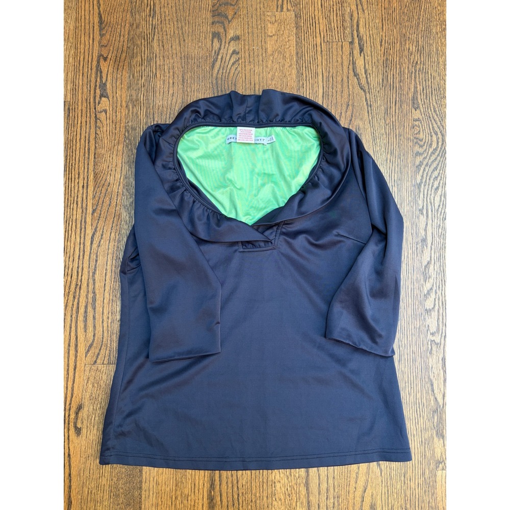 Gretchen Scott Top L Navy Blue Ruffle Collar Preppy Coastal Corporate Core
